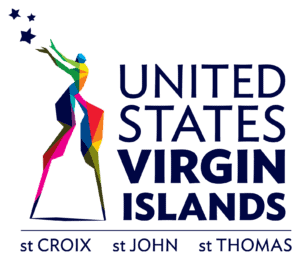 Logo for the United States Virgin Islands featuring a colorful abstract figure with the text "United States Virgin Islands" and "St. Croix, St. John, St. Thomas".