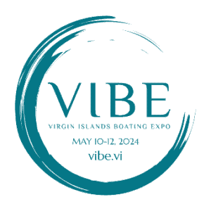 Logo for the Virgin Islands Boating Expo. Text reads: "VIBE Virgin Islands Boating Expo, May 10-12, 2024, vibe.vi" with a stylized circular design.
