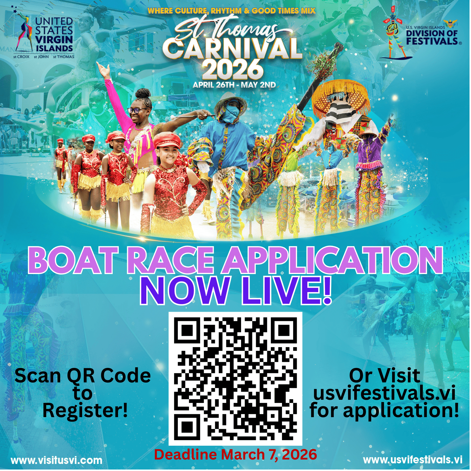 Colorful St. Thomas Carnival 2026 promotion with performers, text announcing boat race application, QR code for registration, and website info. Deadline is March 7, 2026.