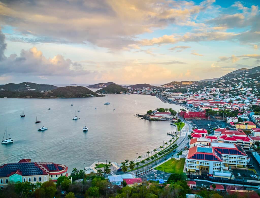 Aerial view of Charlotte Amalie, St. Thomas, USVI at sunset
