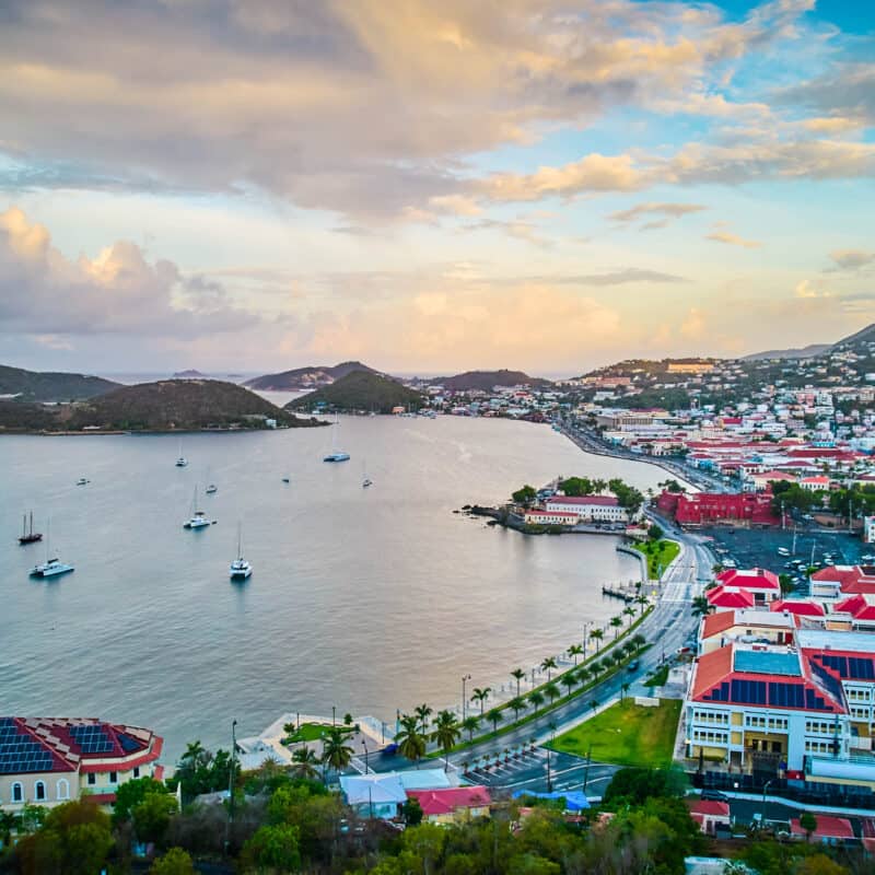 Aerial view of Charlotte Amalie, St. Thomas, USVI at sunset
