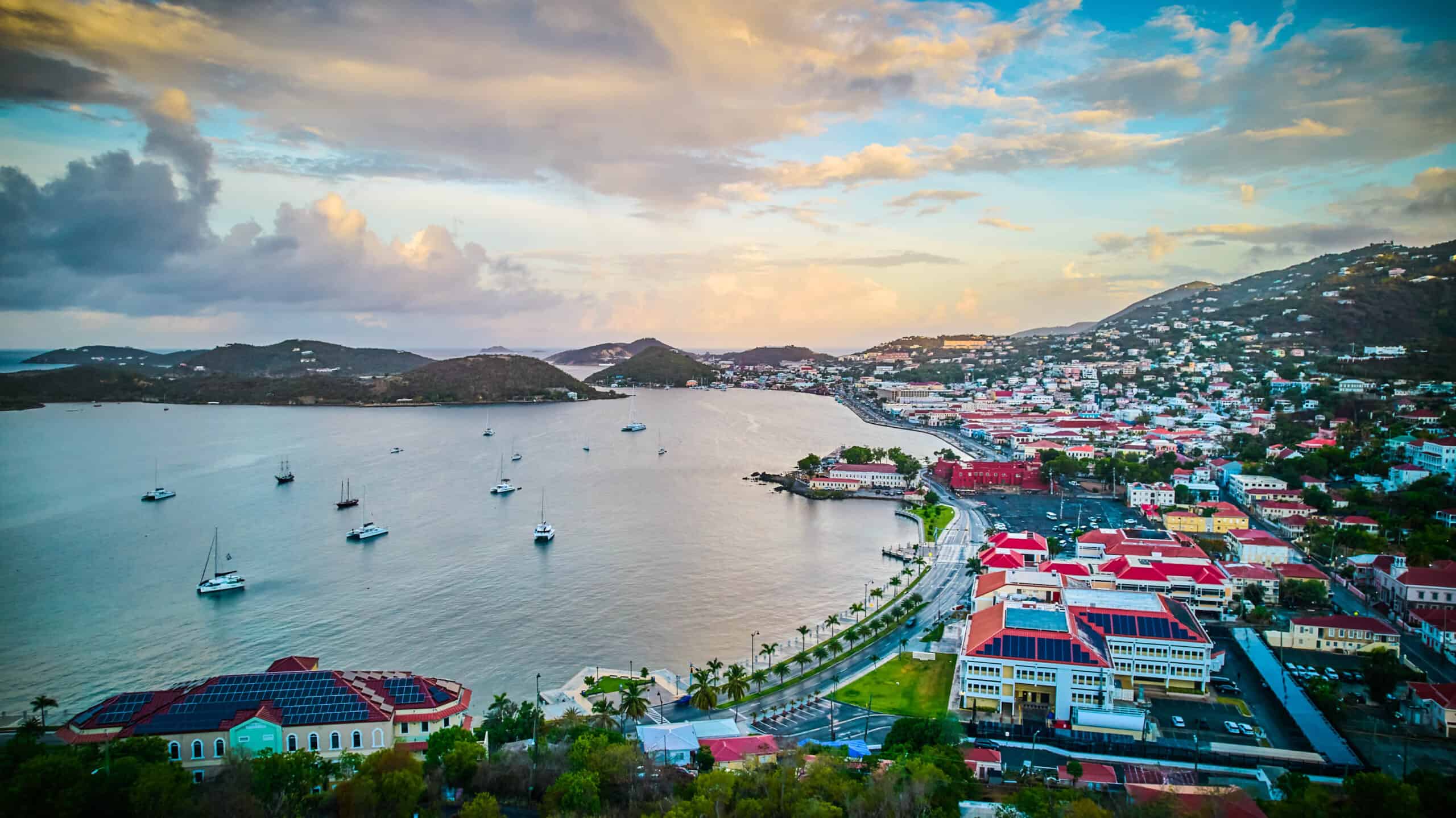 Aerial view of Charlotte Amalie, St. Thomas, USVI at sunset