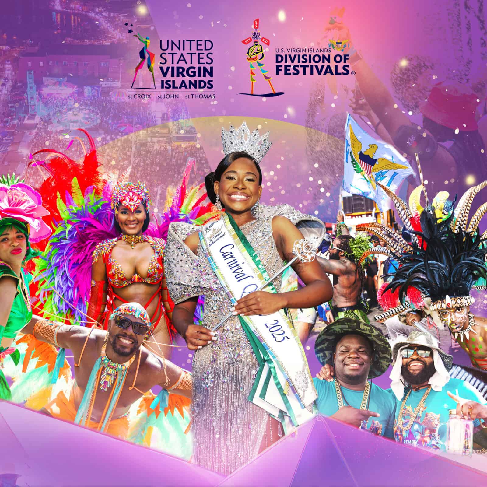 A smiling pageant winner wearing a crown and sash is surrounded by people in colorful carnival costumes, with festival logos in the background.