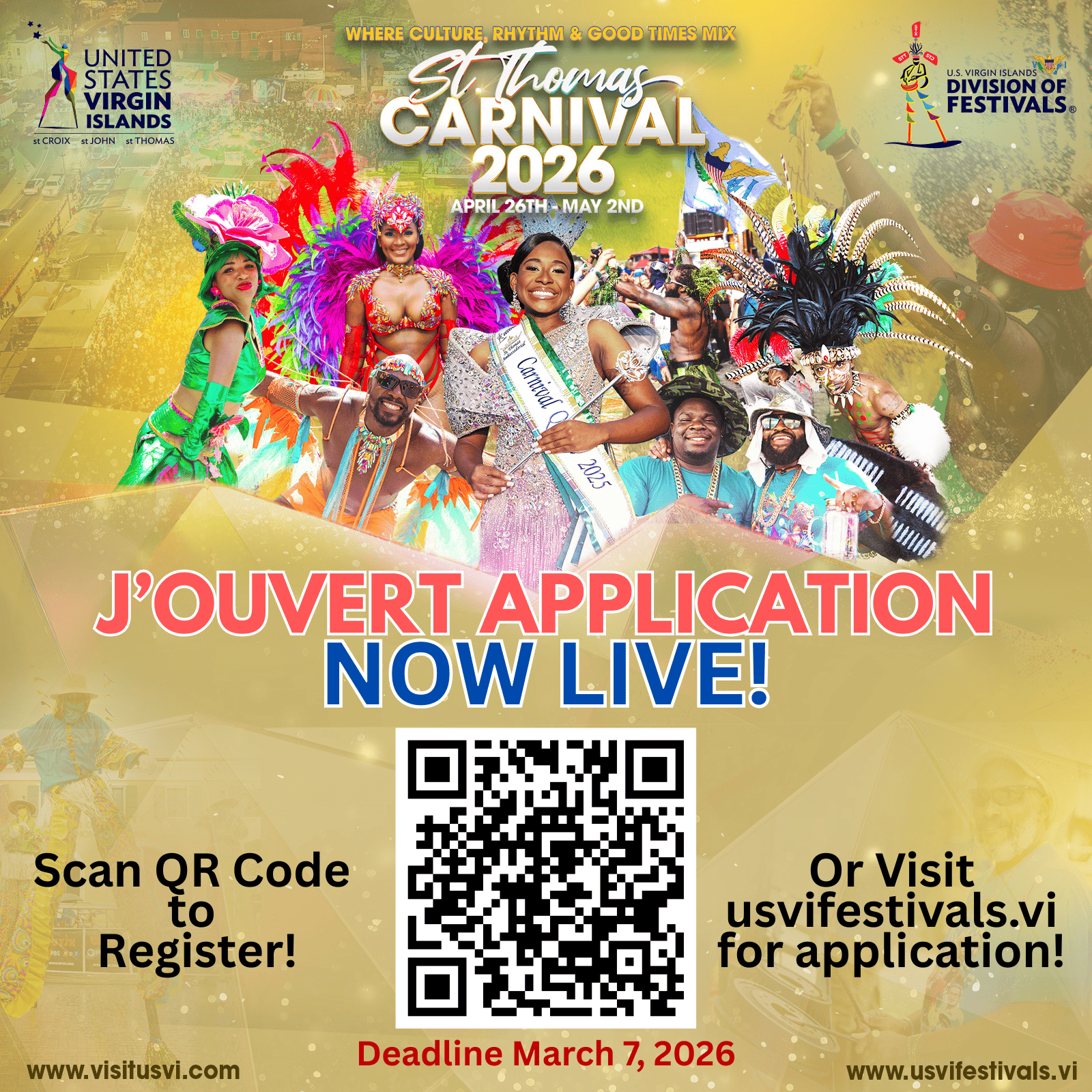 Flyer for St. Thomas Carnival 2026, featuring costumed performers and a QR code to register for J'ouvert; deadline is March 7, 2026; website and sponsor logos shown.