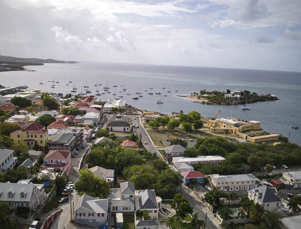 Aerial view of St. Croix and the sparkling water on a sunny day