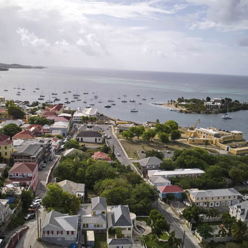 Aerial view of St. Croix and the sparkling water on a sunny day