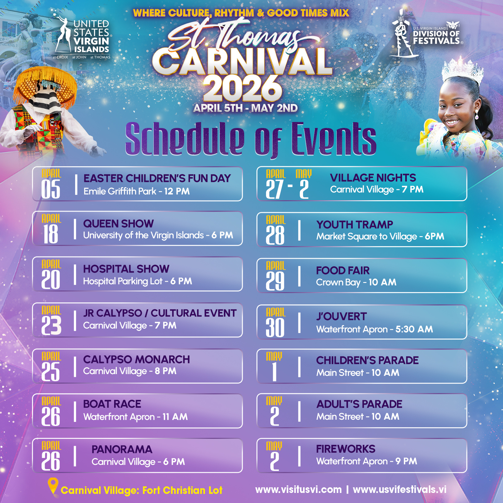 St. Thomas Carnival 2026 schedule listing events and times from April 5 to May 2, including parades, concerts, cultural events, and food fairs.