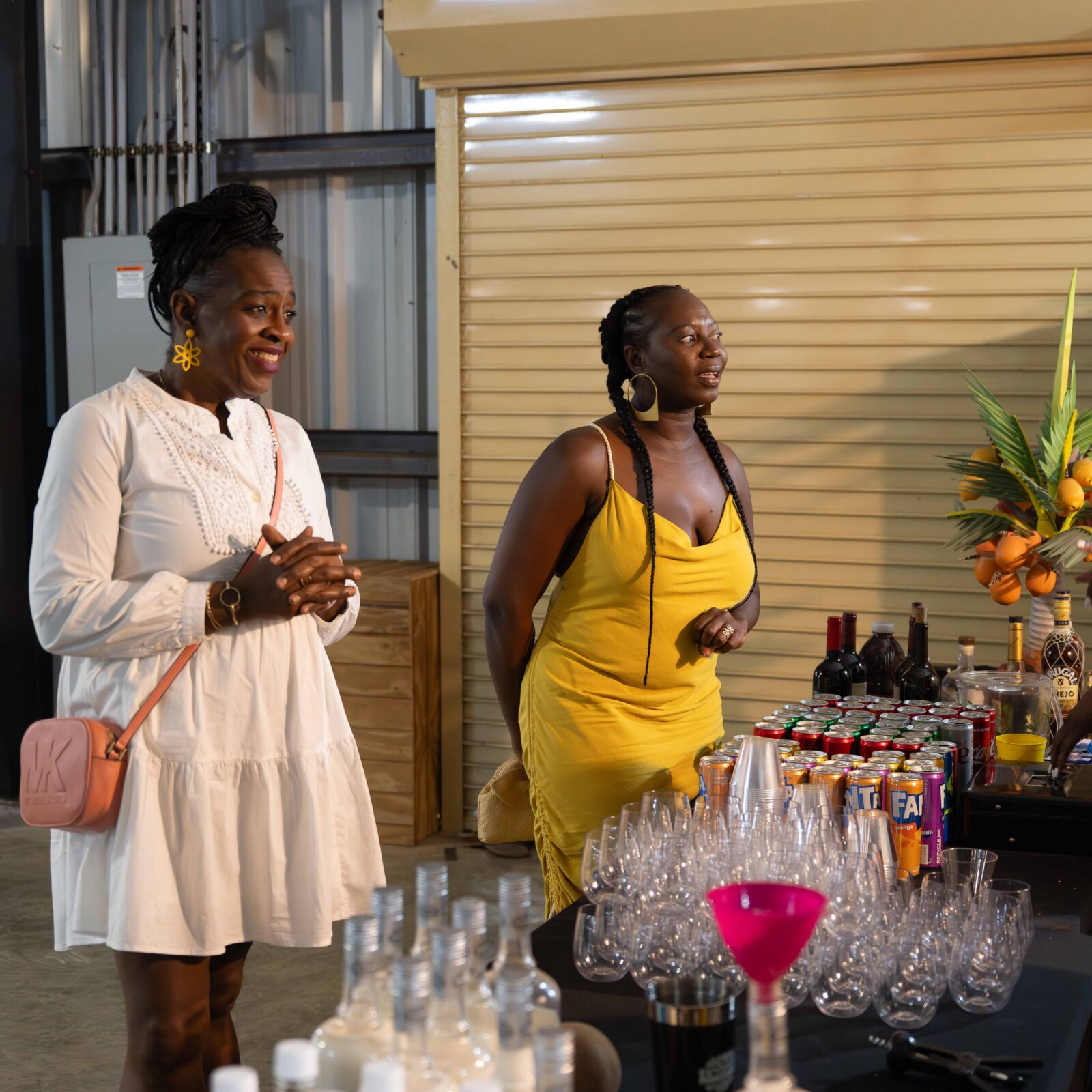 Three women stand and talk near a table with drinks and glasses at one of the Crucian Coconut Festival events on St. Croix, USVI. One woman wears white, one wears yellow, and one wears black. Shelving and art are visible in the background. THIS IMAGE CAN BE USED ONLY IN CONJUNCTION WITH THAT FESTIVAL