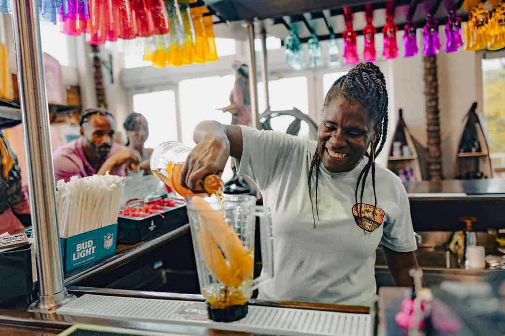 Bartender making a banana daiquiri at Mountain Top, St. Thomas, USVI