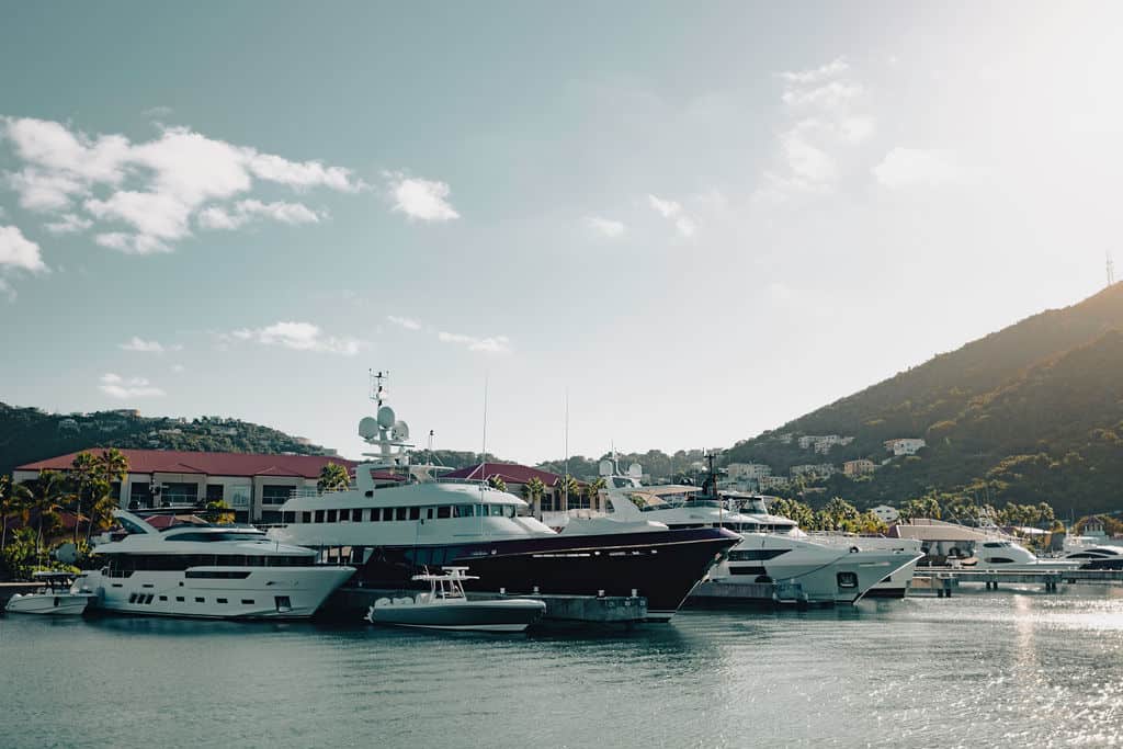 A marina with several luxury yachts docked. Hills and buildings are visible in the background under a partly cloudy sky.