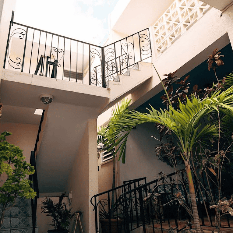 Outdoor stairway with black railings, surrounded by green plants and potted greenery. Sunlight filters through the open sky above.