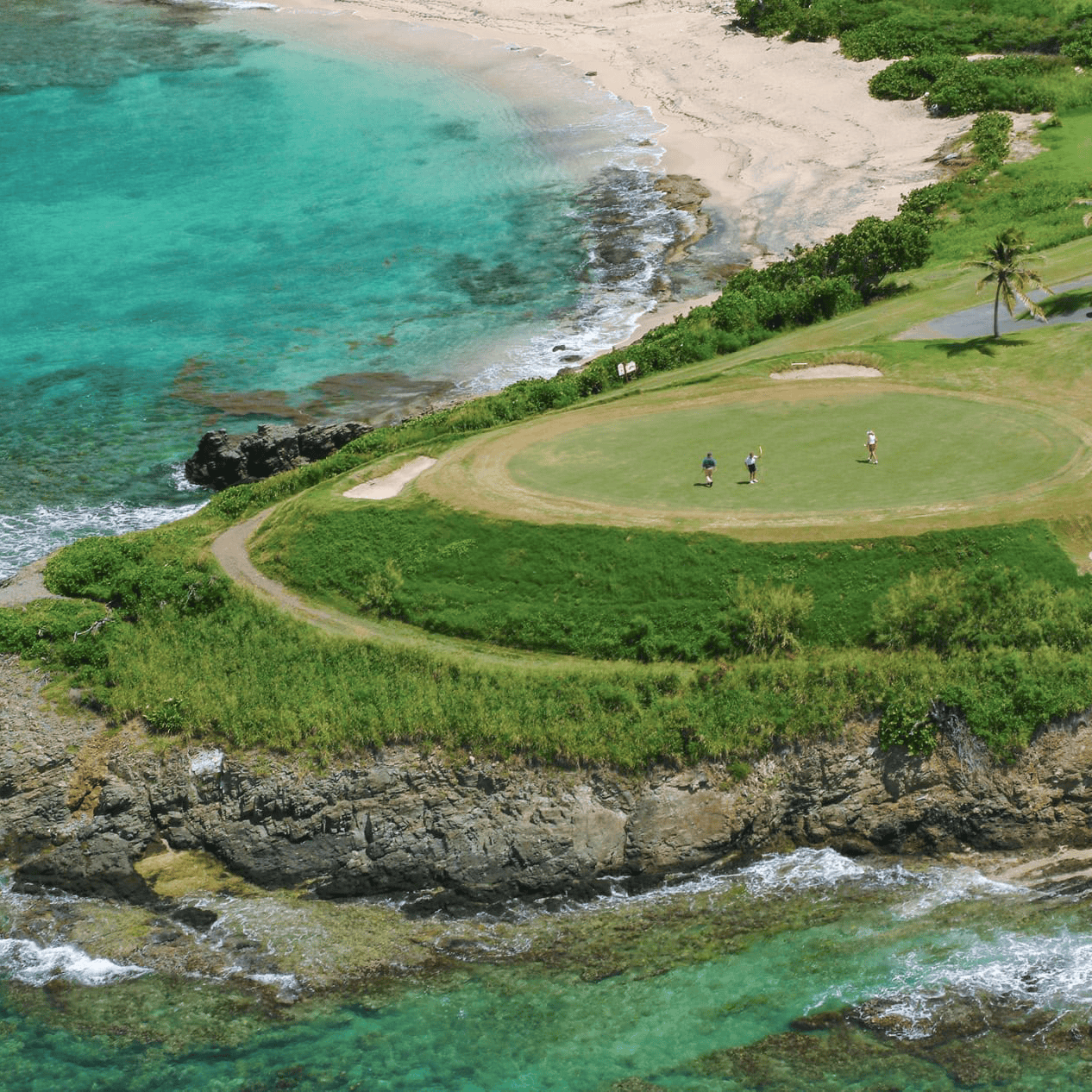 Three people playing golf on a coastal course surrounded by cliffs and turquoise ocean water.