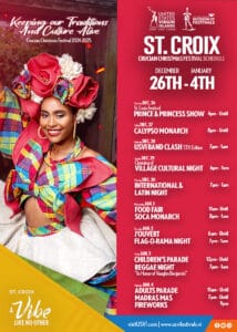 Festival poster for St. Croix Crucian Christmas Festival 2024-2025. Features a woman in colorful attire and lists event dates from December 26th to January 4th. Vibrant and festive design.