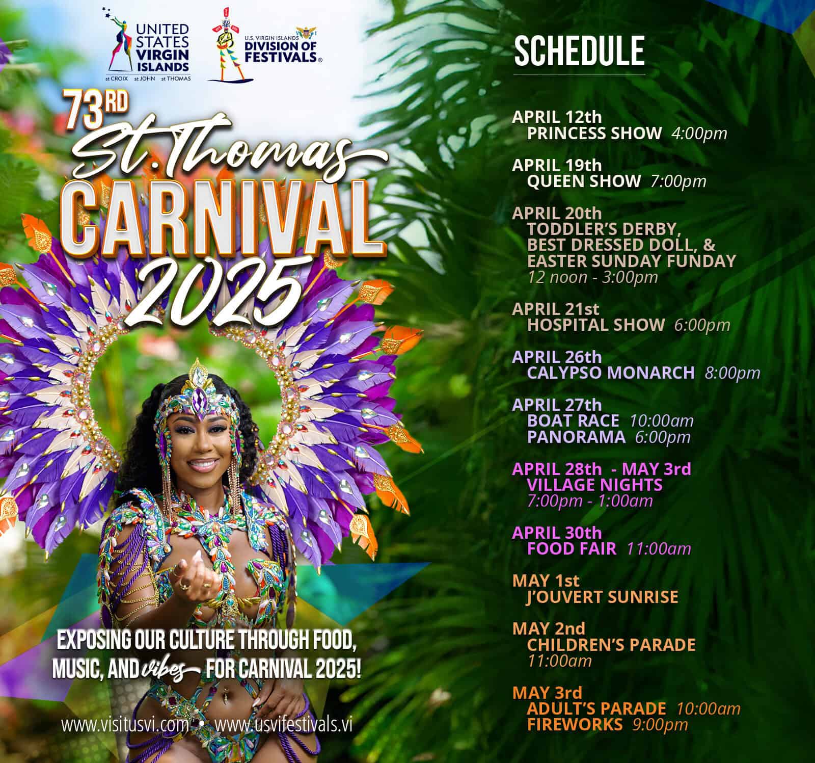 Colorful St. Thomas Carnival 2025 poster with schedule, featuring a costumed performer. Dates include Princess Show April 12, Parade May 4, and more. Logos of USVI and Division of Festivals.