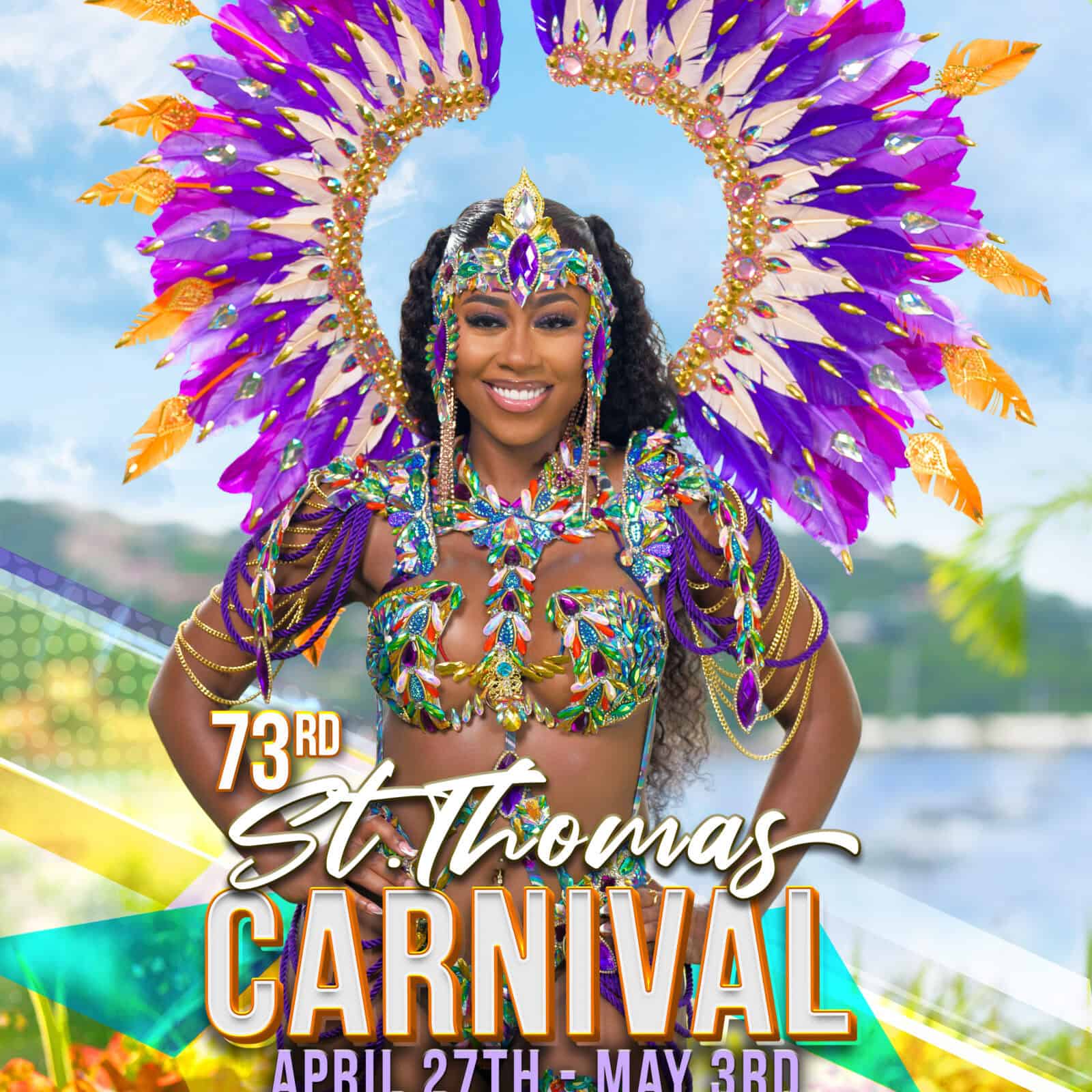 A woman in a vibrant, feathered costume smiles. Text: 