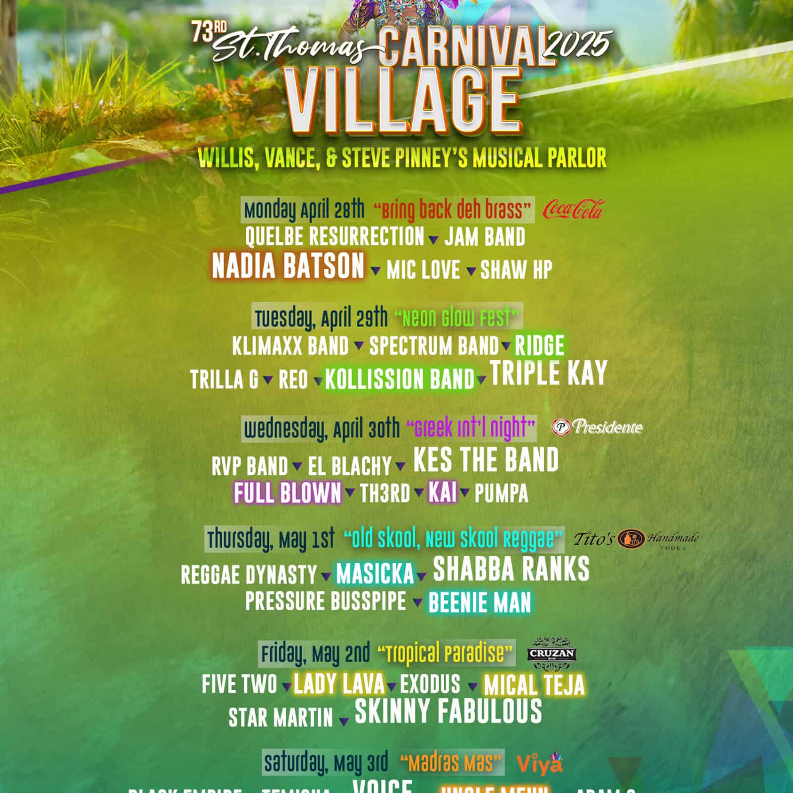 Colorful St. Thomas Carnival 2025 poster detailing events, artists, and sponsors. Bright design with a festive theme.