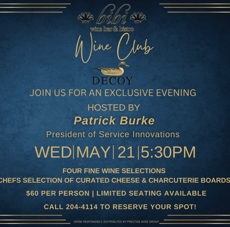 Promotional flyer for a Wine Club event on May 21, 2025, at bibi wine bar & bistro