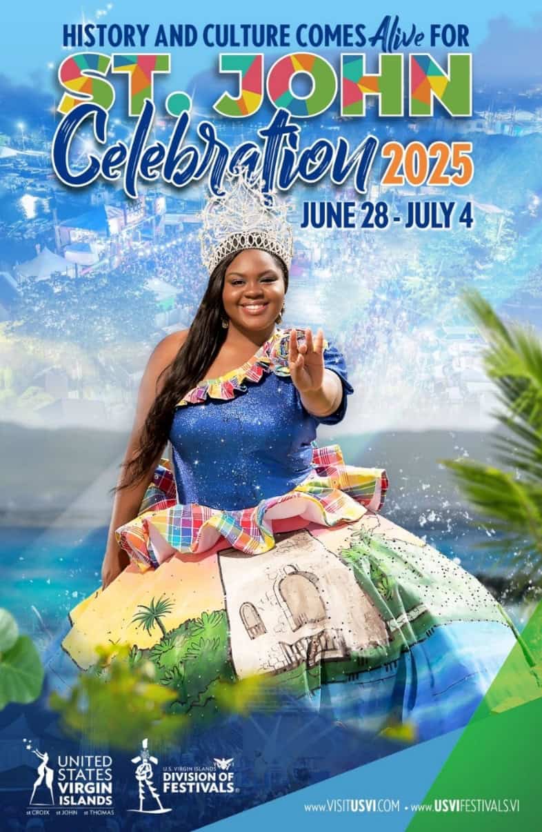Colorful flyer for the 2025 St. John Celebration featuring a woman in cultural dress in a tropical background