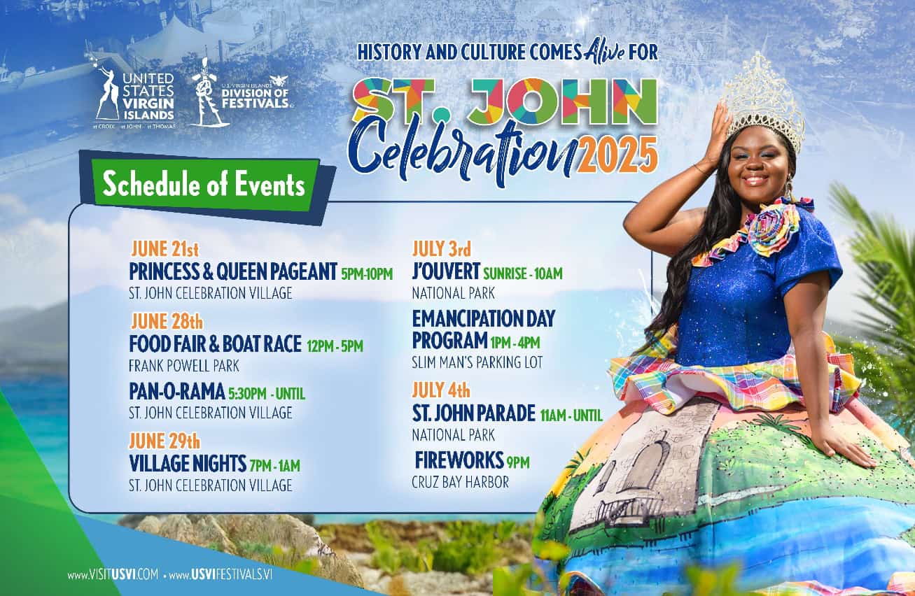 Colorful flyer including the schedule of events for the 2025 St. John Celebration featuring a woman in cultural dress