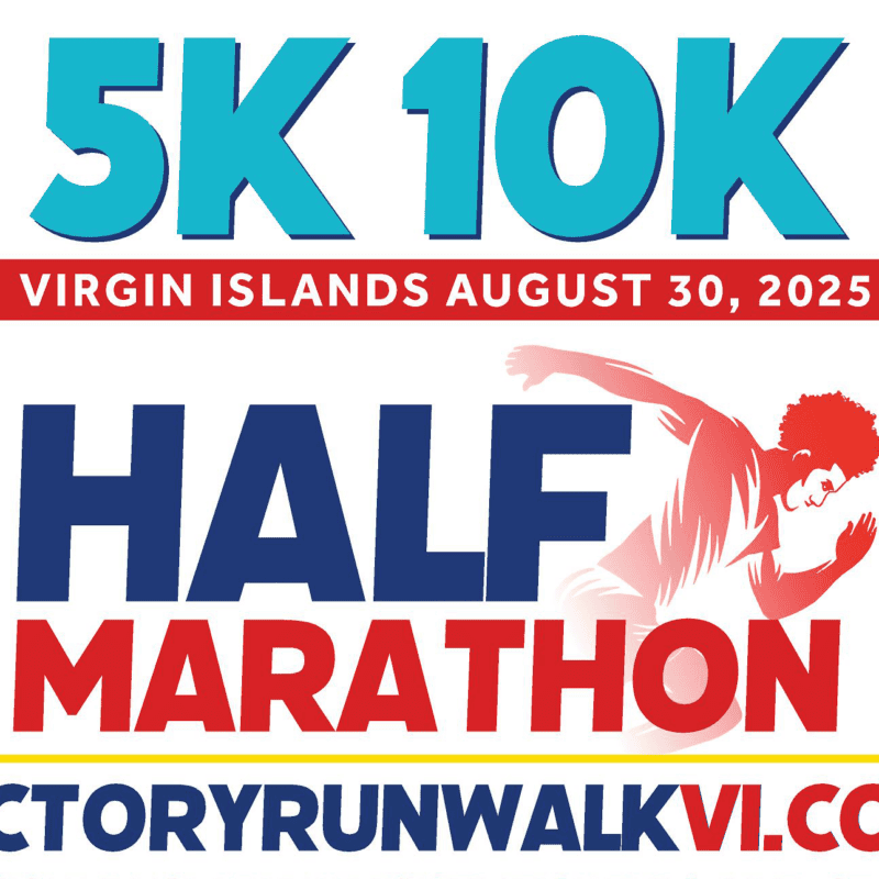 Event poster advertising 5K, 10K, and half marathon races in the Virgin Islands on August 30, 2025, with a running figure and the website victoryrunwalkvi.com.