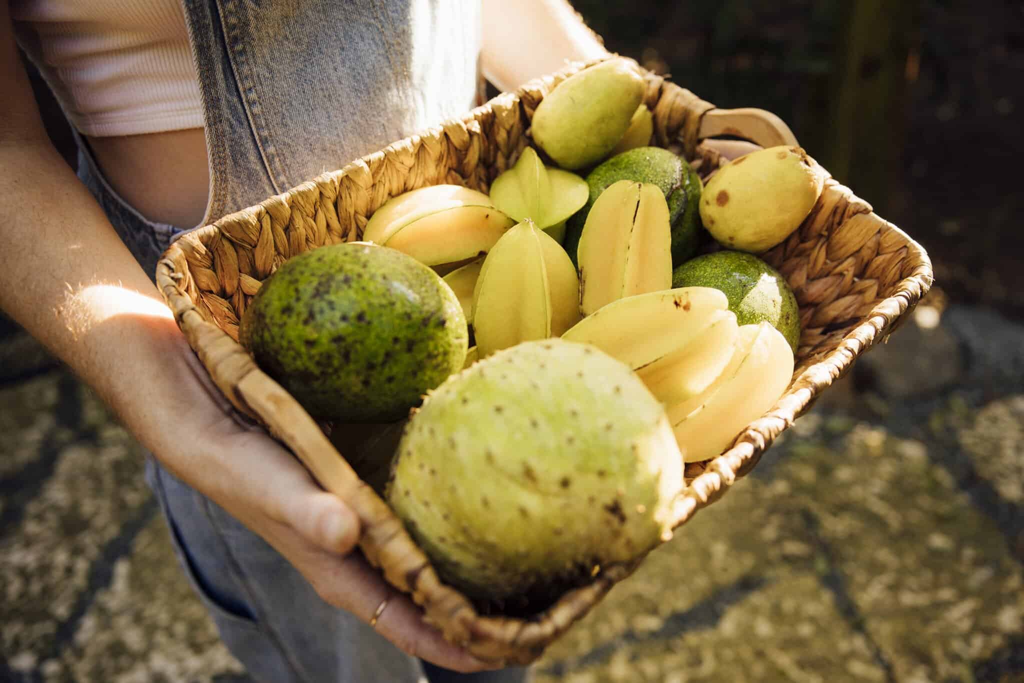 A person in denim overalls holds a woven basket filled with fresh tropical fruits, including starfruit and soursop, outdoors on a sunny day.