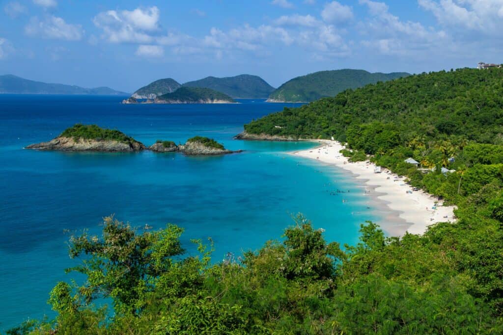 Aerial view of the crescent-shaped Trunk Bay Beach on St. John, U.S. Virgin Islands, named the world's best beach.