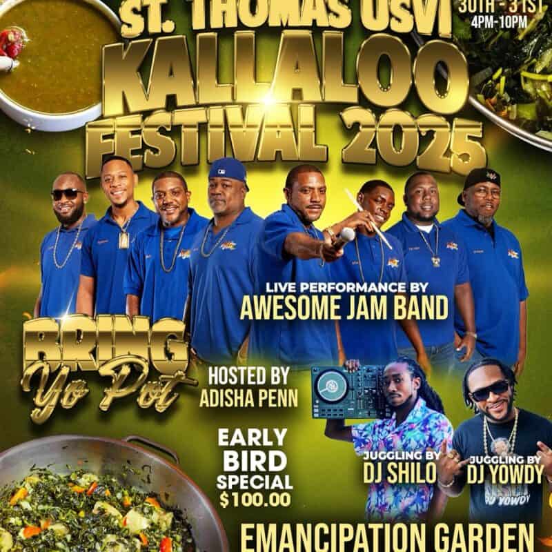 Promotional flyer for Kallaloo Festival 2025 in Emancipation Garden park in downtown Charlotte Amalie. St. Thomas