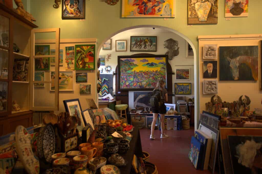 A view showing some of the many pieces of artwork, including paintings, cups, platters, statues and more, inside Mango Tango Art Gallery on St. Thomas, U.S. Virgin Islands