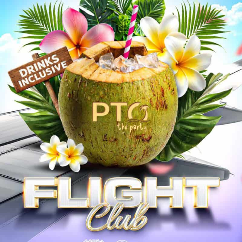 Promo image for Flight Club, part of St. Thomas Carnival 2026. A coconut drink with ice and a straw is surrounded by tropical flowers and palm leaves. A sign reads 