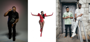 A composite image of three photos: a man posing against a dark background, a woman in red costume on a white backdrop, and two men standing by a graffiti-covered wall outside.