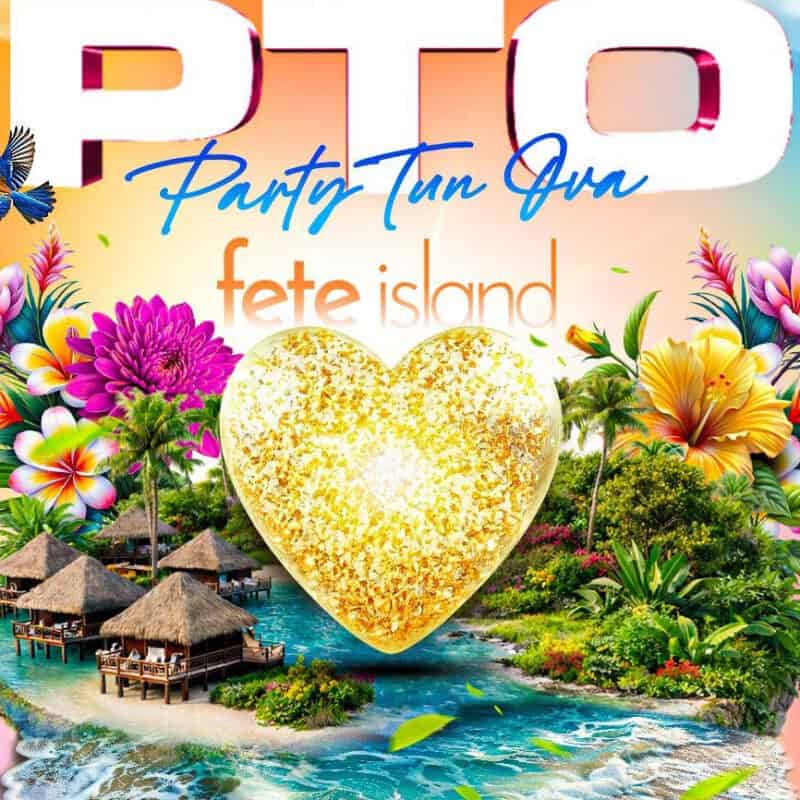 Colorful promotional image with tropical huts on water, vibrant flowers, a golden heart, and the text 