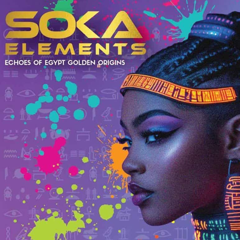Promotional flyer for event April 30, 2026. A woman with bold makeup and Egyptian-inspired accessories is shown in profile against a colorful background with hieroglyphs. Text reads 