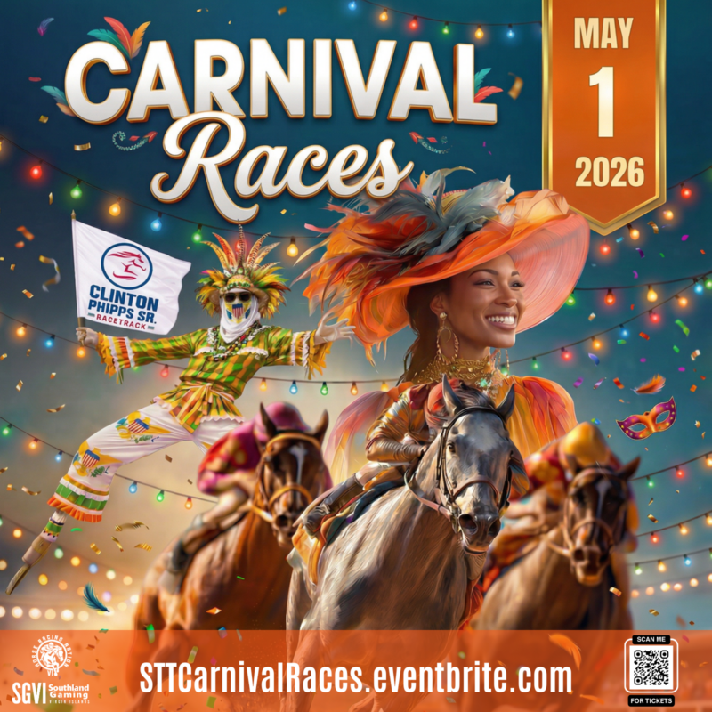 A woman in a vibrant hat rides a horse, smiling, as a performer in colorful costume dances behind her. Text promotes Carnival Races on May 1, 2026, with event and ticket information.