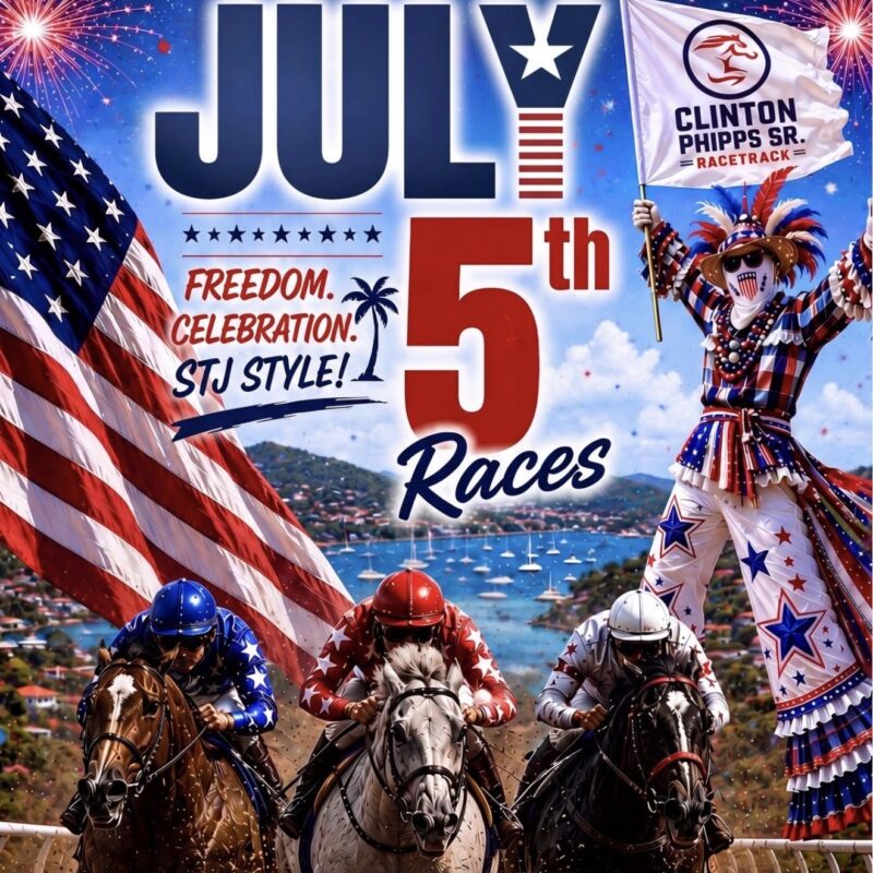 Poster for horse races on July 5 at Clinton Phipps Sr. Racetrack, featuring patriotic imagery, riders, a performer, and the text 