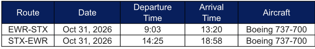 Flight schedule table showing routes EWR-STX and STX-EWR for Oct 31, 2026, with departure and arrival times, both operated by Boeing 737-700 aircraft.