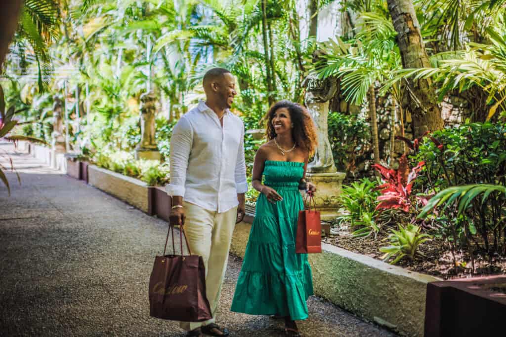 Couple with shopping bags in Charlotte Amalie on St. Thomas, U.S. Virgin Islands.