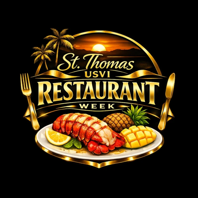 Promotional flyer for St. Thomas USVI Restaurant Week from Aug. 16-31, 2026, featuring a sunset, palm trees, golden text, and a plate with lobster tail, lemon, pineapple, and mango slices.