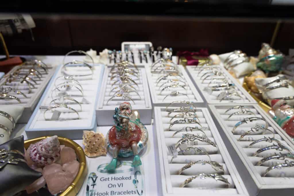 Display case of hook bracelets for sale at Cardow Jewelers in Charlotte Amalie on St. Thomas, U.S. Virgin Islands.