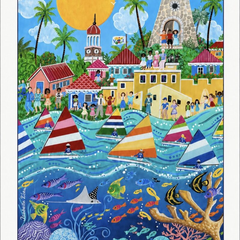 Promotional with an illustration of sailboats, people, and sea life for the ISCA World Championship in St. Croix, November 4-14, 2026. Prominent tropical scenery with historic buildings and palm trees.