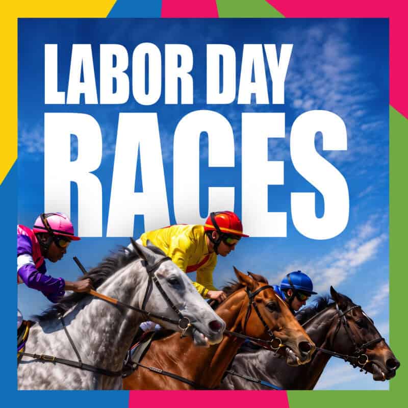 Promotional flyer with three jockeys riding horses under a blue sky with large text to promote Labor Day Races on Sep6. 6, 2026, at the Clinton E. Phipps Racetrack Estate Bovoni, St Thomas.