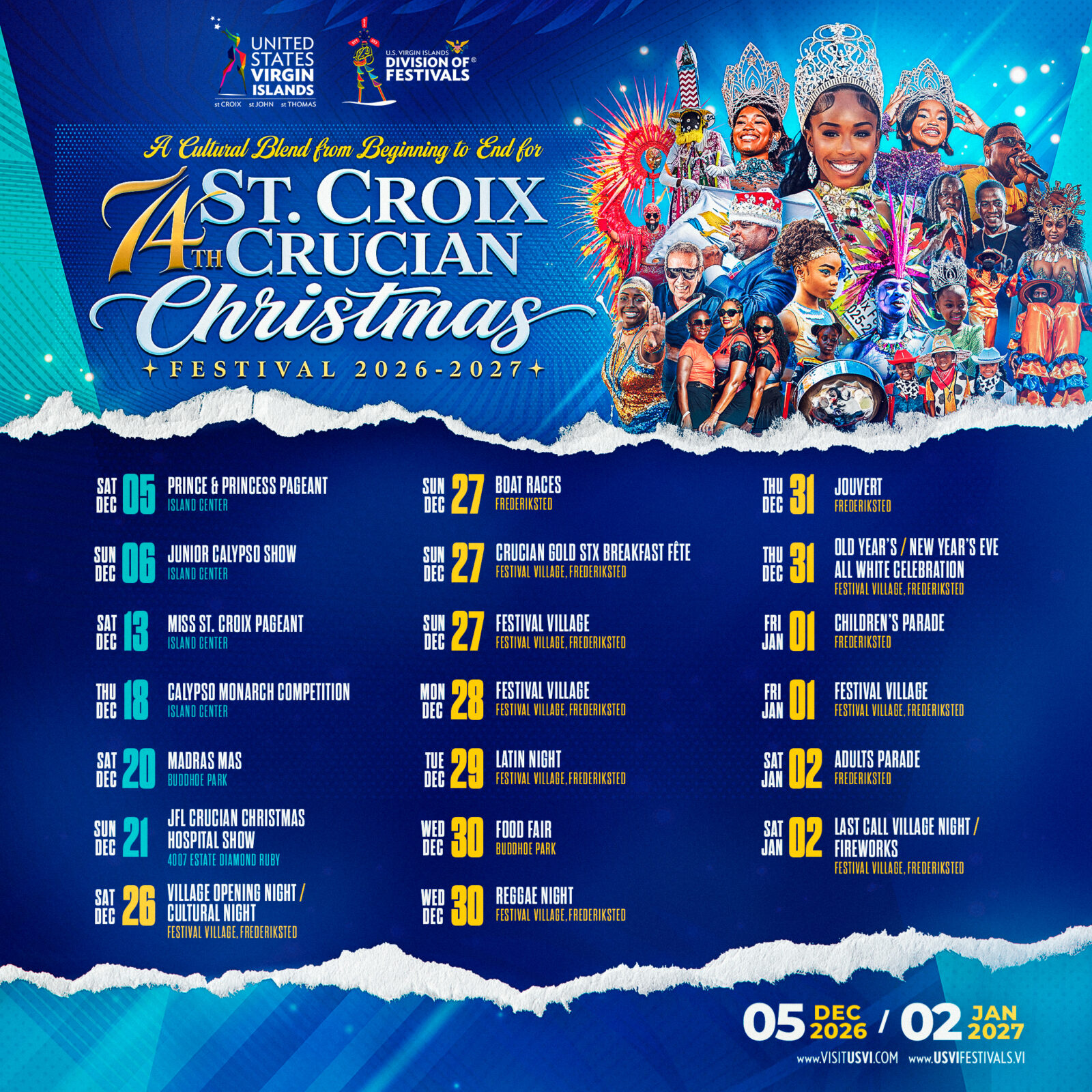 Poster listing dates and events for the 74th St. Croix Crucian Christmas Festival 2026-2027, with festive images, logos, and colorful graphics. Festival runs from December 5, 2026 to January 2, 2027.