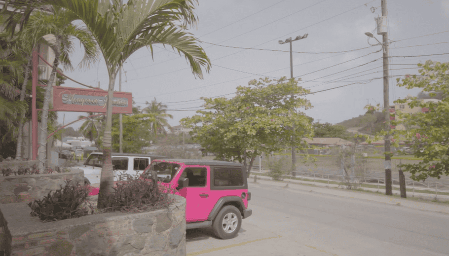 A bright pink Jeep is parked on the street near a palm tree and a stone planter, with other vehicles and trees in the background under a partly cloudy sky outside Mongoose Junction on St. John, USVI.